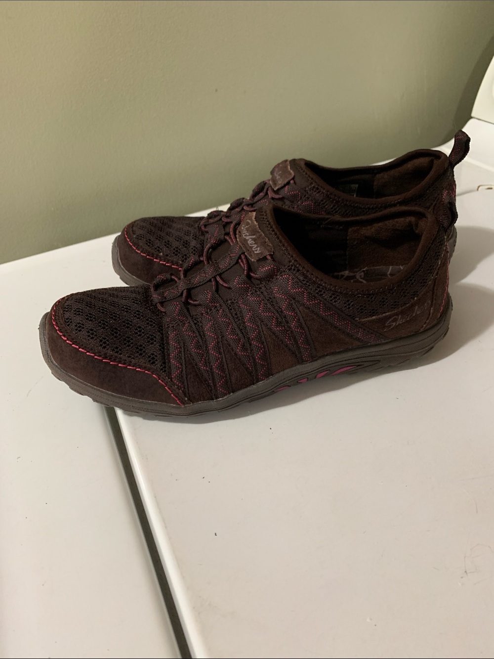 Skechers Dark Brown Mesh Slip-On Sneakers with Pink Accents
